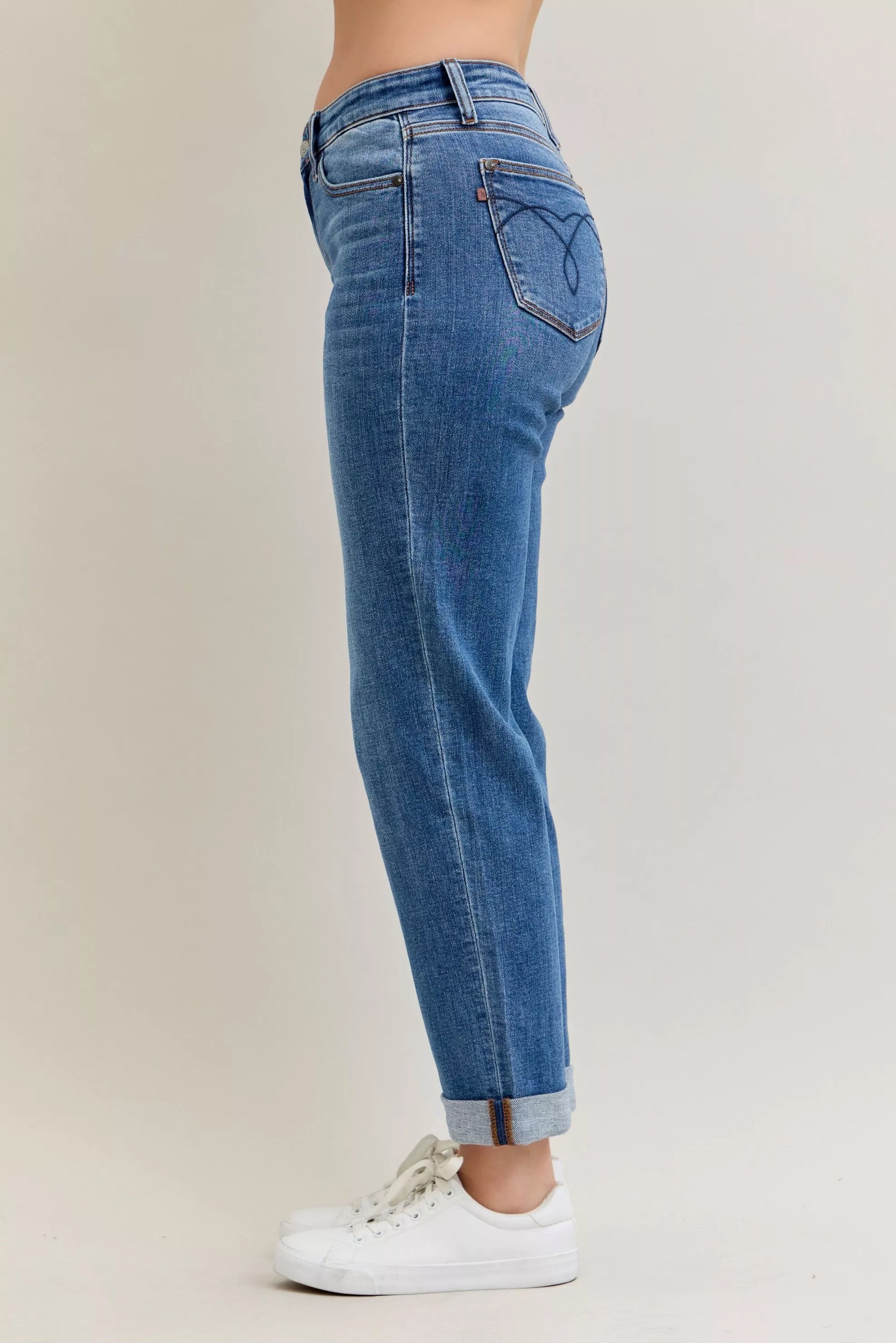 Judy Blue Mid Rise Boyfriend. Classic Cuffed Jeans at In Style Chics Boutique plus size jeans 