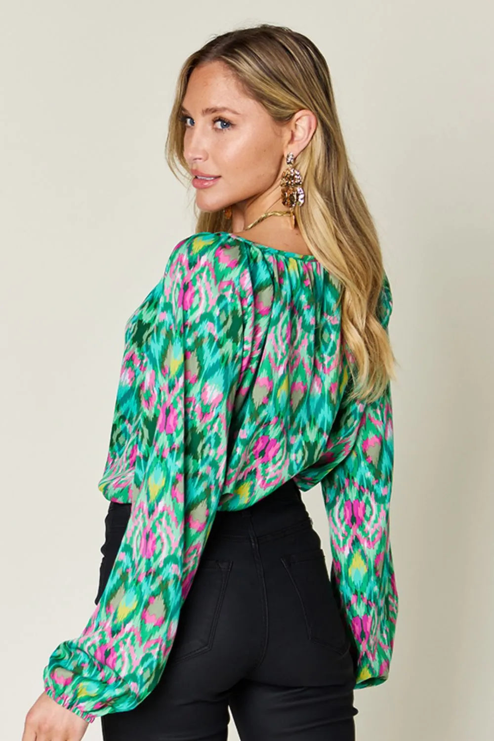 Printed Balloon Sleeve Blouse at In Style Chics Boutique 