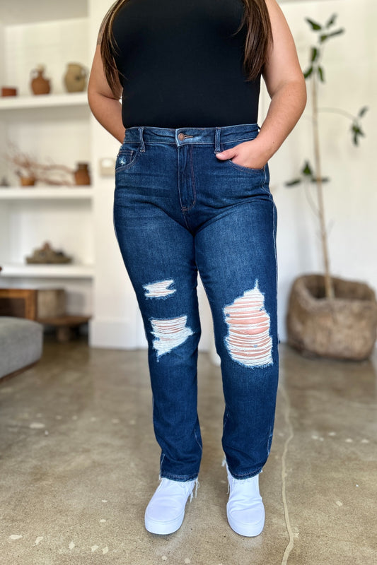 Judy Blue Full Size High Waist Rigid Magic Heavy Destroy Straight Jeans - In Style Chics Boutique LLC