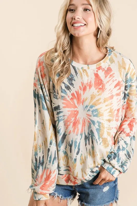 Tie Dye Print Terry Pull Over at In Style Chics Boutique 