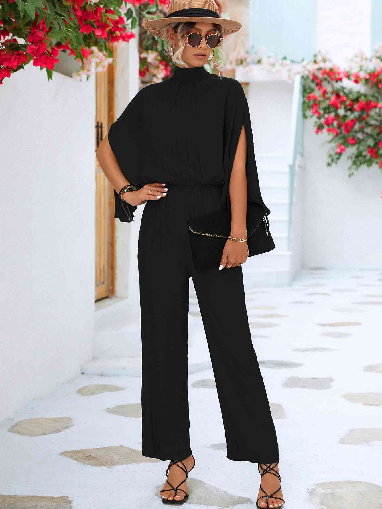 Tie Back Mock Neck Split Sleeve Jumpsuit - In Style Chics Boutique