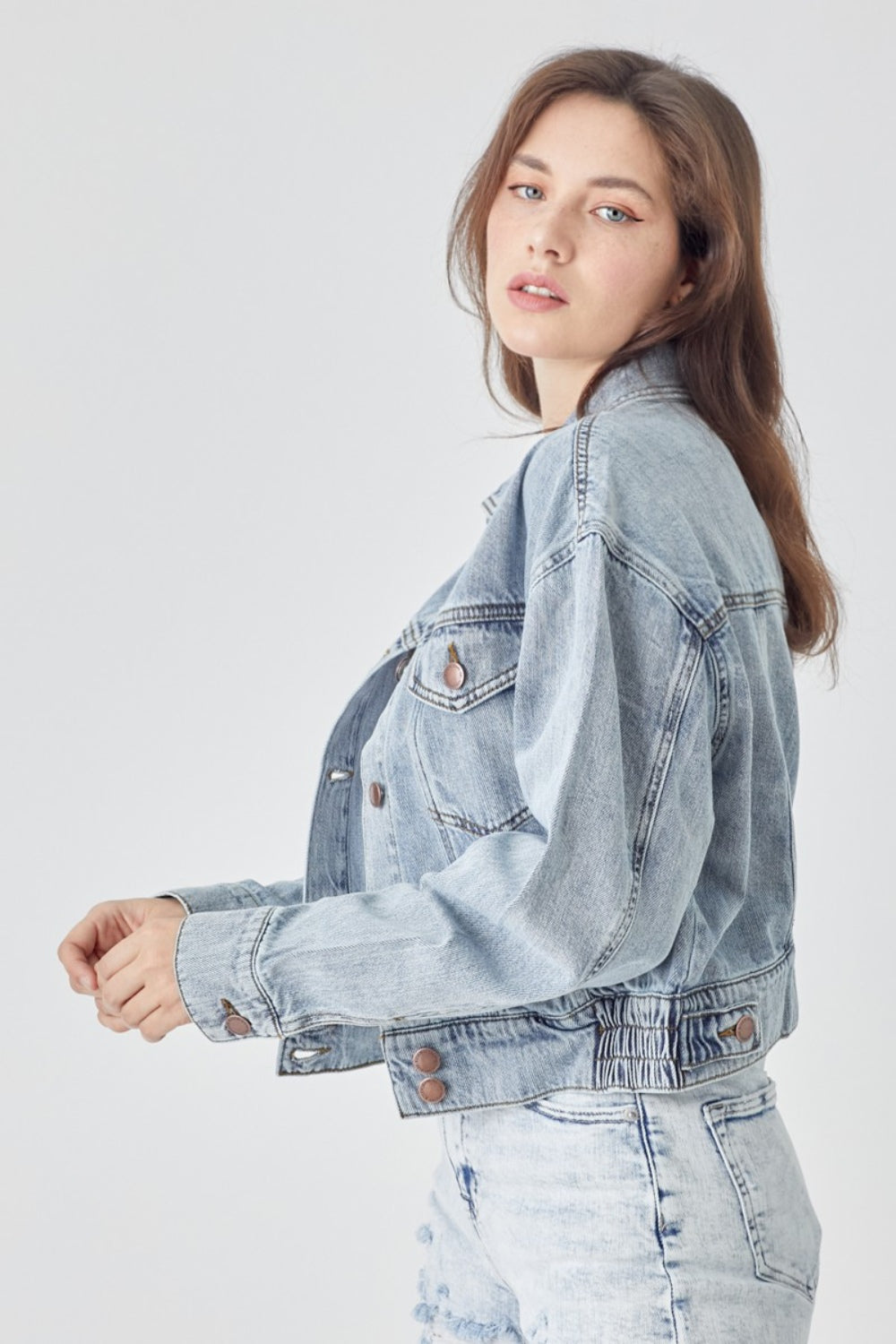 RISEN Full Size Button Down Cropped Denim Jacket - In Style Chics Boutique LLC