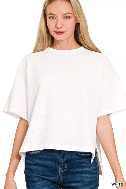 Double Knit Side Slits Hi Low Short Sleeve White Top 🤍 at In Style Chics Boutique 