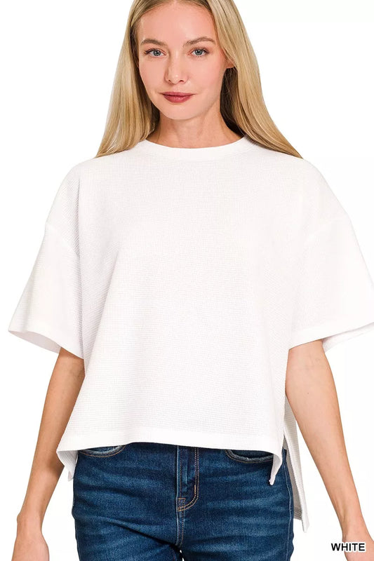 Double Knit Side Slits Hi Low Short Sleeve White Top 🤍 at In Style Chics Boutique 