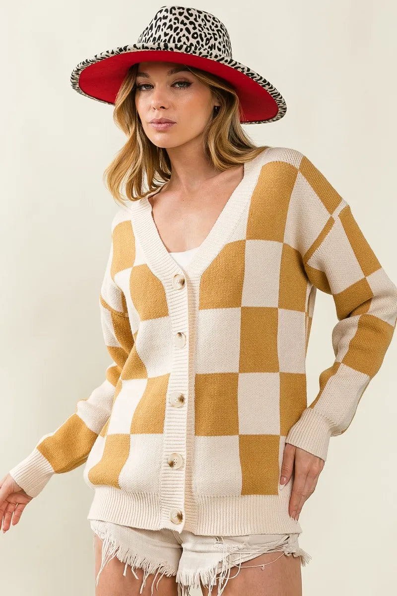 Checked V-neck Cardigan at In Style Chics Boutique 