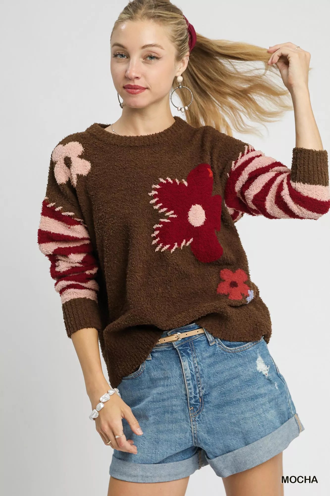 Flower Jacquard Striped Long Sleeve Sweater Shop Fall Styles at In Style Chics Boutique 