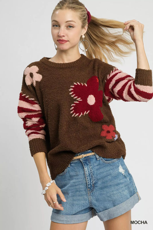 Flower Jacquard Striped Long Sleeve Sweater Shop Fall Styles at In Style Chics Boutique 