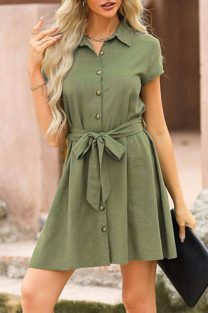 Tied Button Up Short Sleeve Dress - In Style Chics Boutique LLC