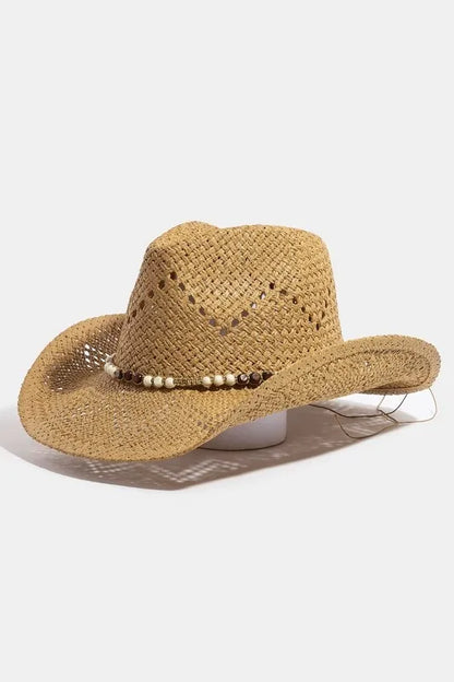 Mixed Beaded Strap Western Fedora Straw Hat