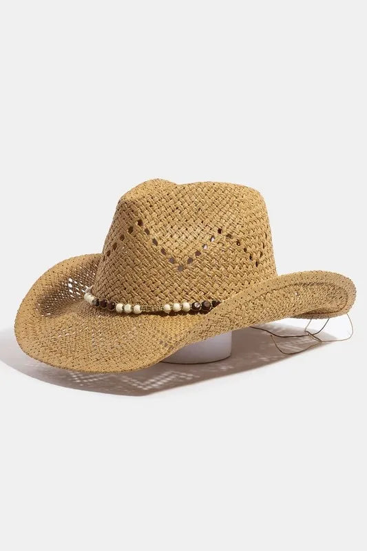 Mixed Beaded Strap Western Fedora Straw Hat