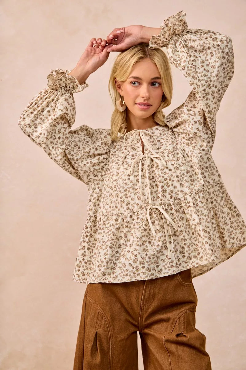 Floral Printed Peplum Blouse with Shirring and Tied at In Style Chics Boutique 