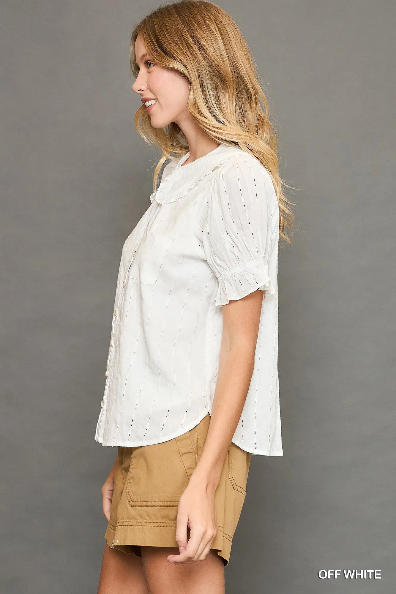 Button Down Textured Shirt with Ruffled Detail Peter Pan Collar at In Style Chics Boutique 