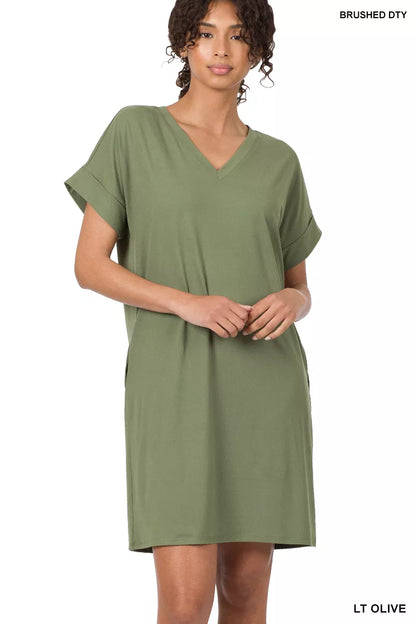Zenana Brushed DTY Rolled Short Sleeve V-Neck Dress