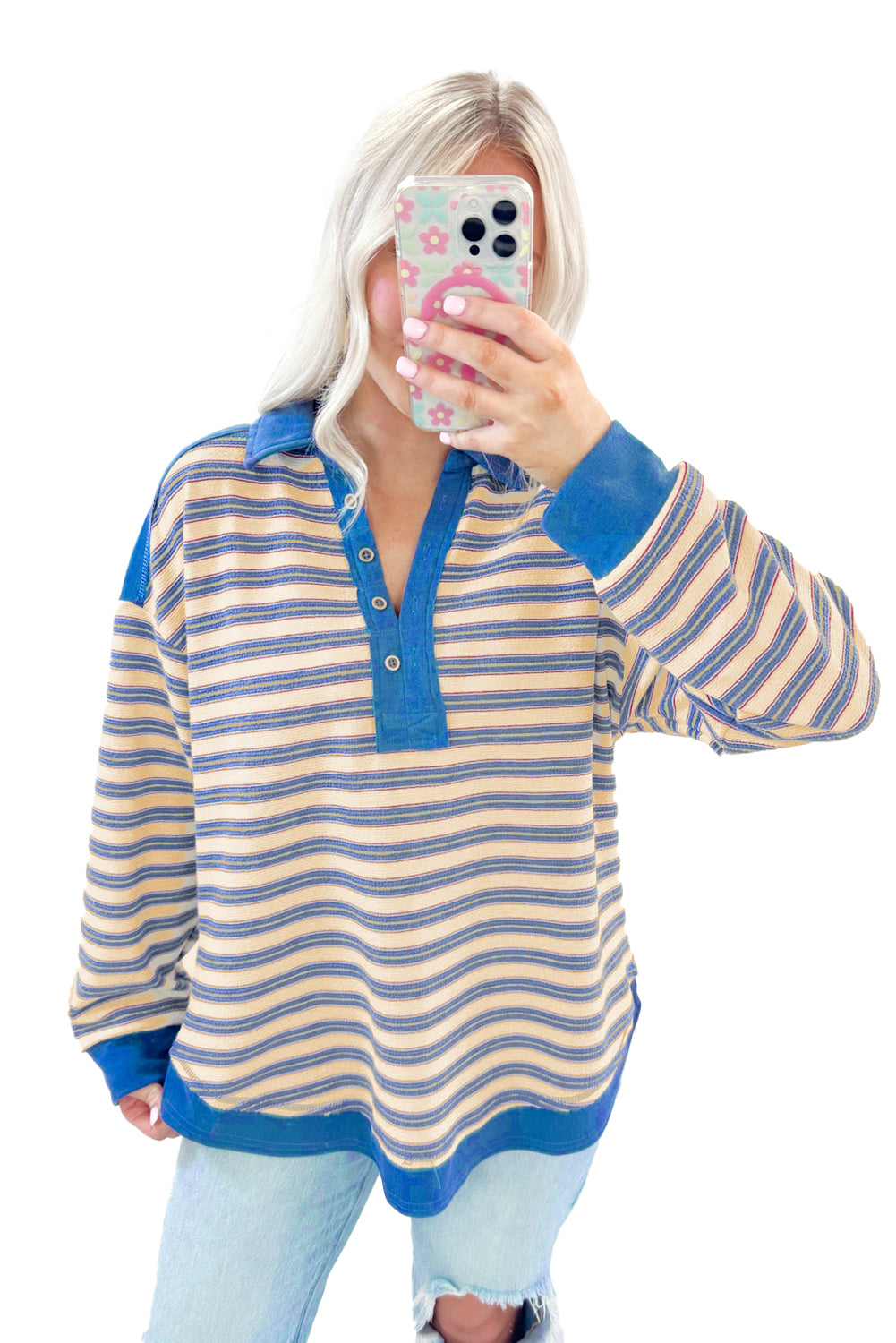 Stripe Collared V Neck Drop Shoulder Top