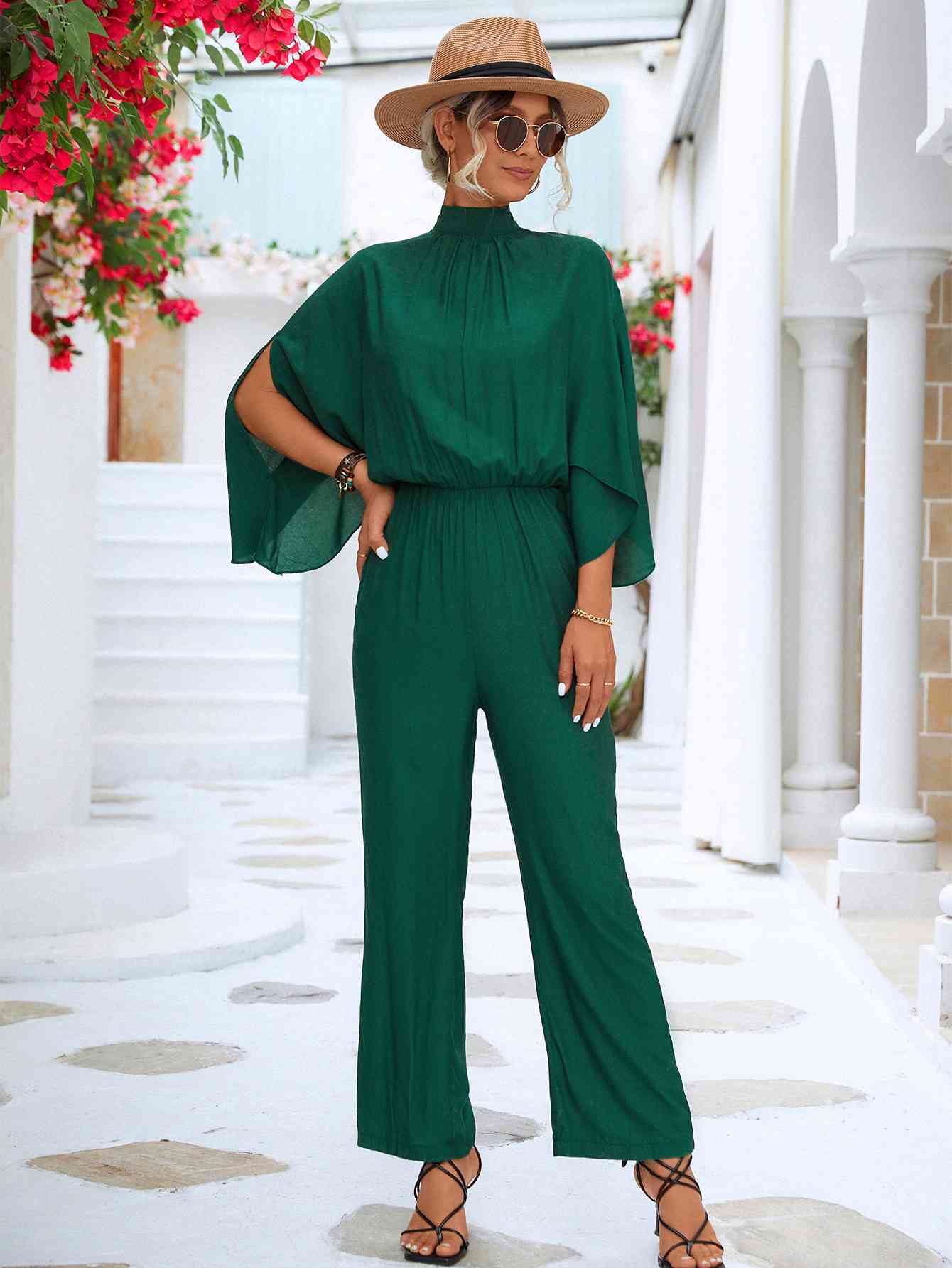 Tie Back Mock Neck Split Sleeve Jumpsuit - In Style Chics Boutique