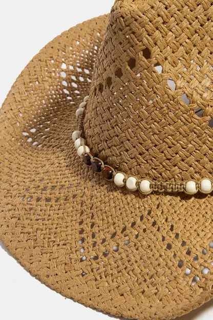 Mixed Beaded Strap Western Fedora Straw Hat