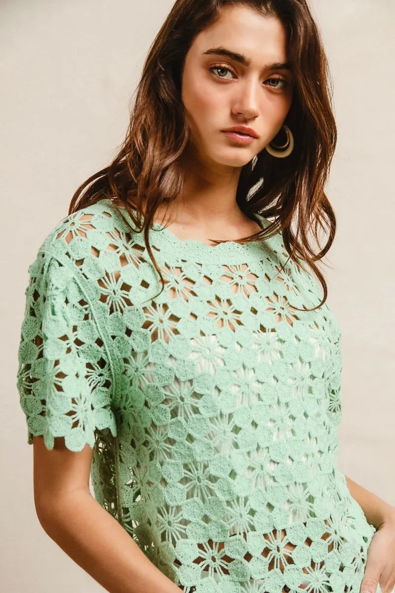 Openwork Crochet Short Sleeve Knit Top at In Style Chics Boutique 