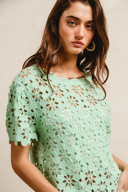 Openwork Crochet Short Sleeve Knit Top at In Style Chics Boutique 