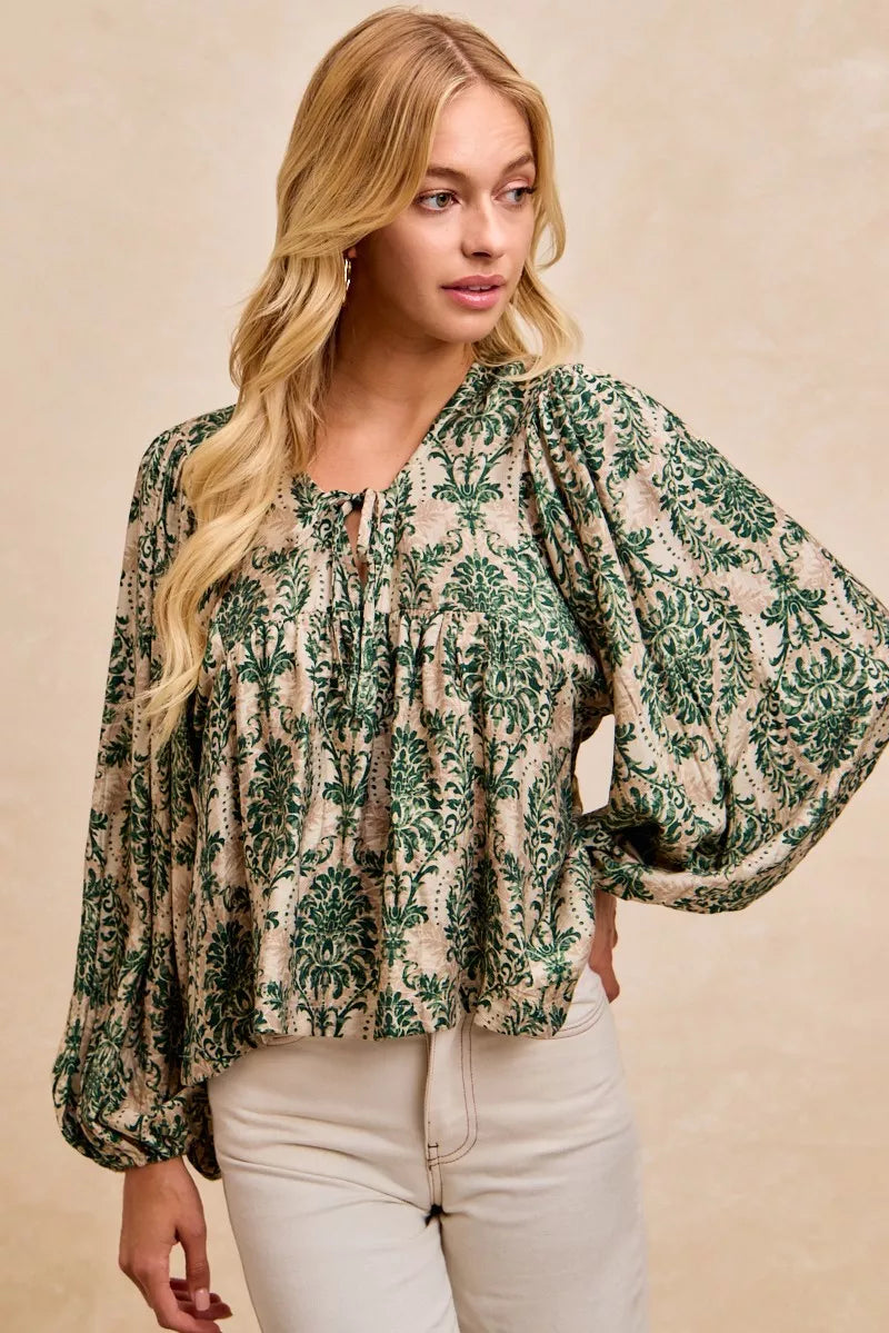 Printed Woven Front Tied Blouse with Balloon Sleeve at In Style Chics Boutique 