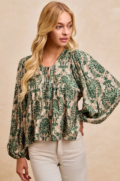 Printed Woven Front Tied Blouse with Balloon Sleeve at In Style Chics Boutique 