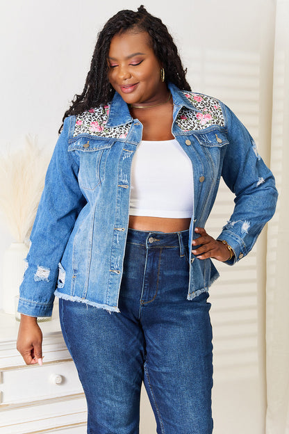 Baeful Leopard Floral Distressed Raw Hem Denim Jacket - In Style Chics Boutique LLC