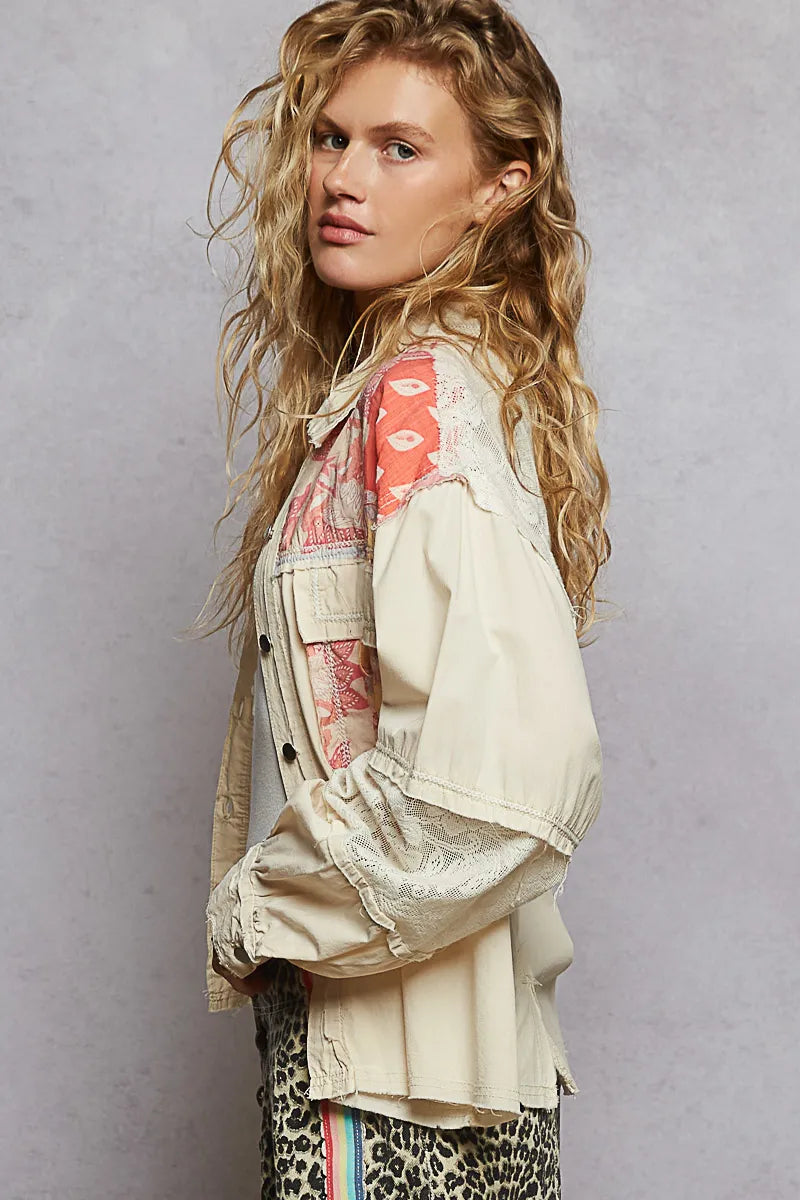 Jacket with Lace Detail, Printed Woven Mix Raw Hem - In Style Chics Boutique 