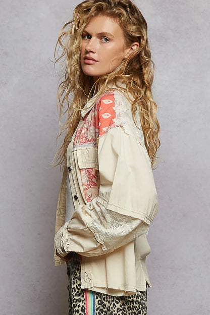 Jacket with Lace Detail, Printed Woven Mix Raw Hem - In Style Chics Boutique 
