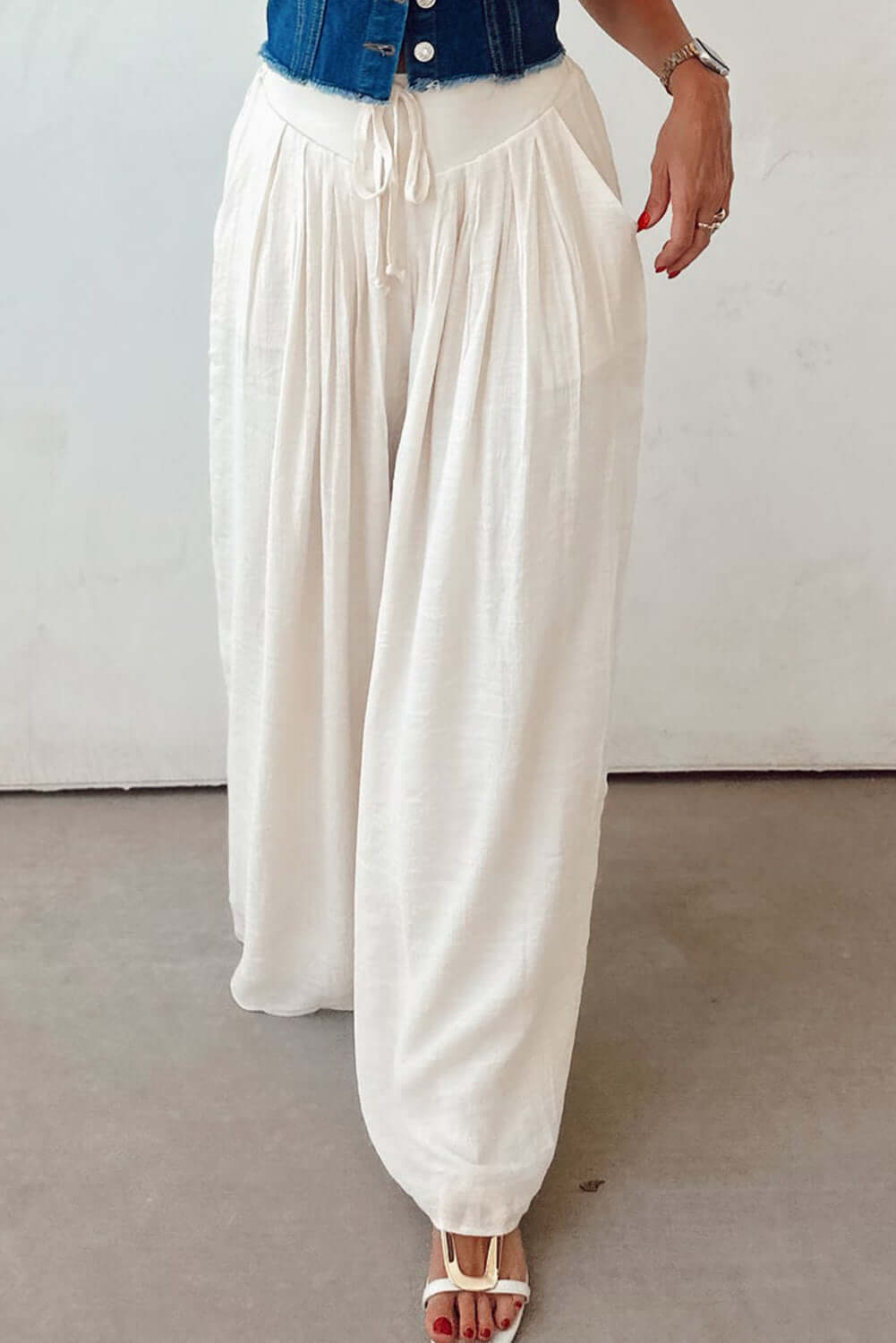 Women's Juniors White Casual Tie Waist Pleated Wide Leg Pants - Cute Clothes for Spring - In Style Chics Boutique Online Apparel 
