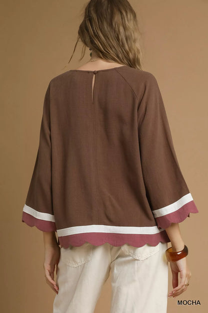 Fall Style Color Block Top, Scalloped Hem at In Style Chics Boutique 