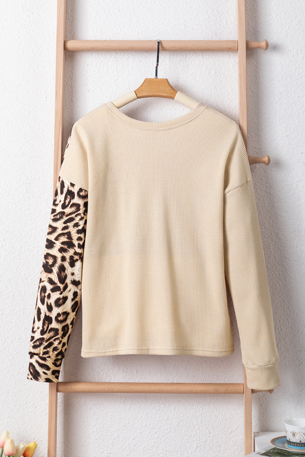 Pale Khaki Casual Waffle Knit Leopard Contrast Long Sleeve Top