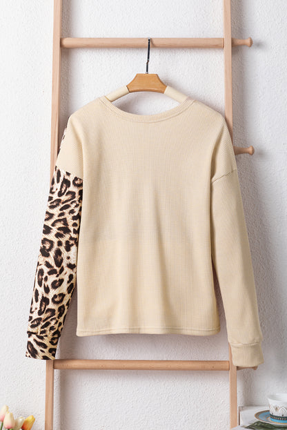 Pale Khaki Casual Waffle Knit Leopard Contrast Long Sleeve Top - In Style Chics Boutique LLC