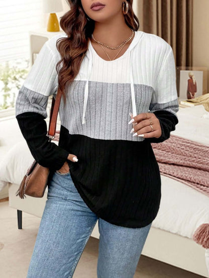 Plus Size Drawstring Color Block Long Sleeve Hooded Top - In Style Chics Boutique LLC