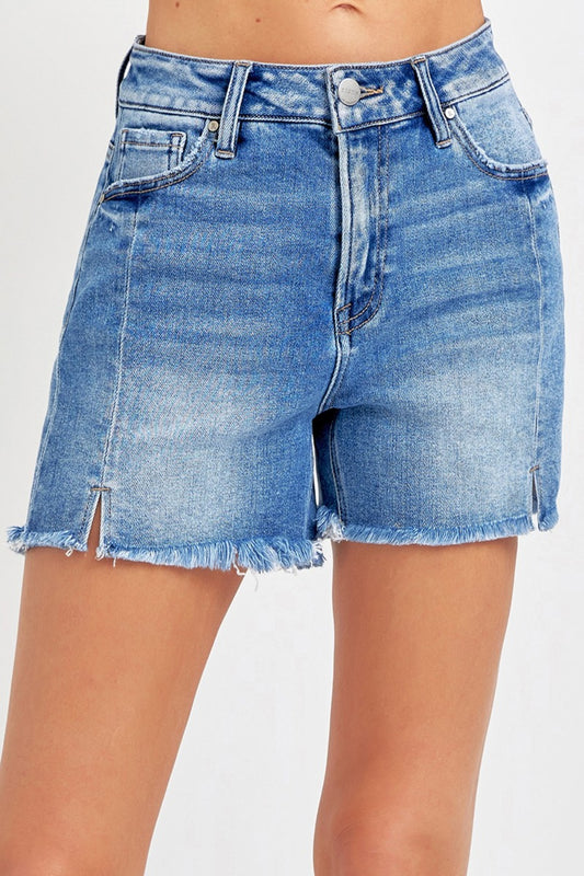 RISEN Front Slit Raw Hem Denim Shorts - In Style Chics Boutique LLC