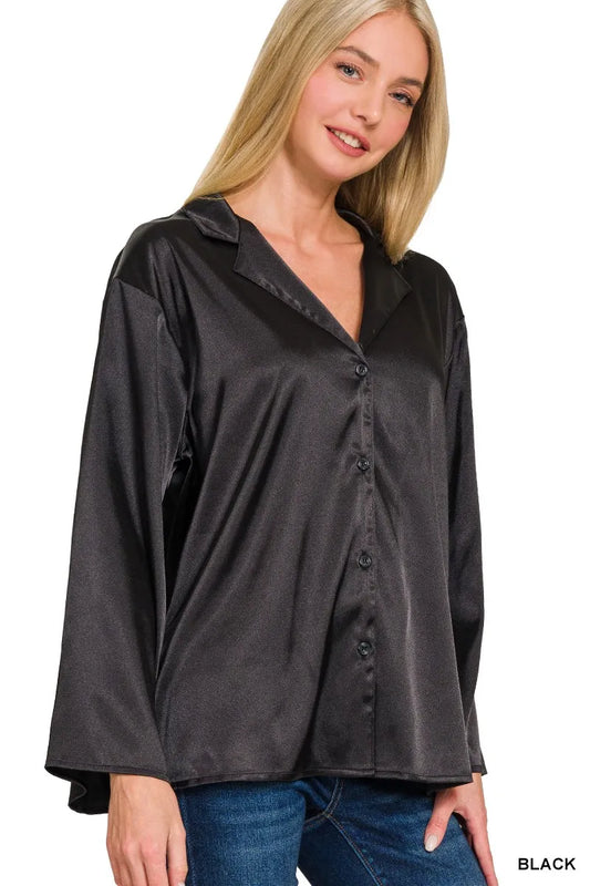 Black Satin Button Down Shirt at In Style Chics Boutique Everyday Basic Fashion Essentials 