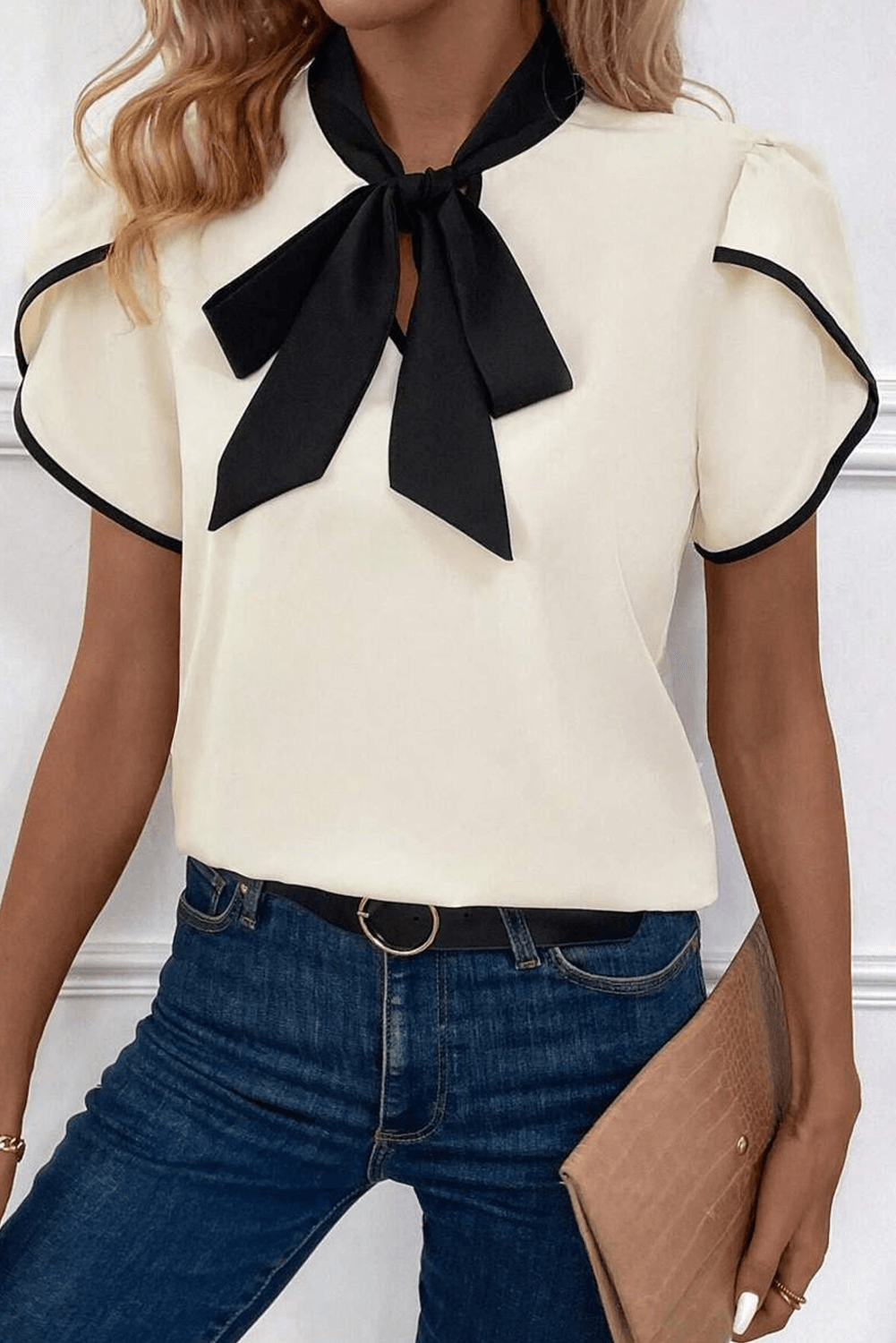 White Elegant Bowknot Neck Tulip Sleeve Blouse - In Style Chics Boutique Online Clothing Women's Juniors Free Shipping