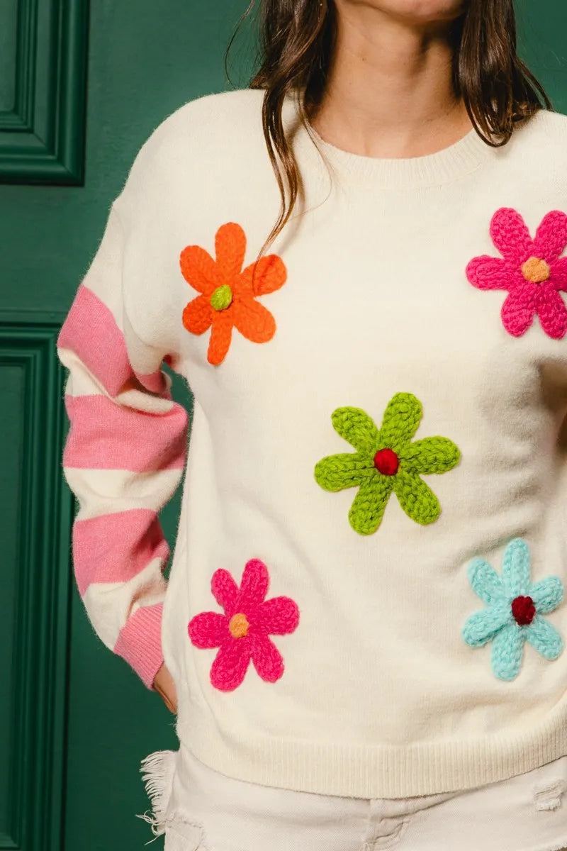 Colorful Floral Patched Sweater with Striped Sleeve at In Style Chics Boutique 