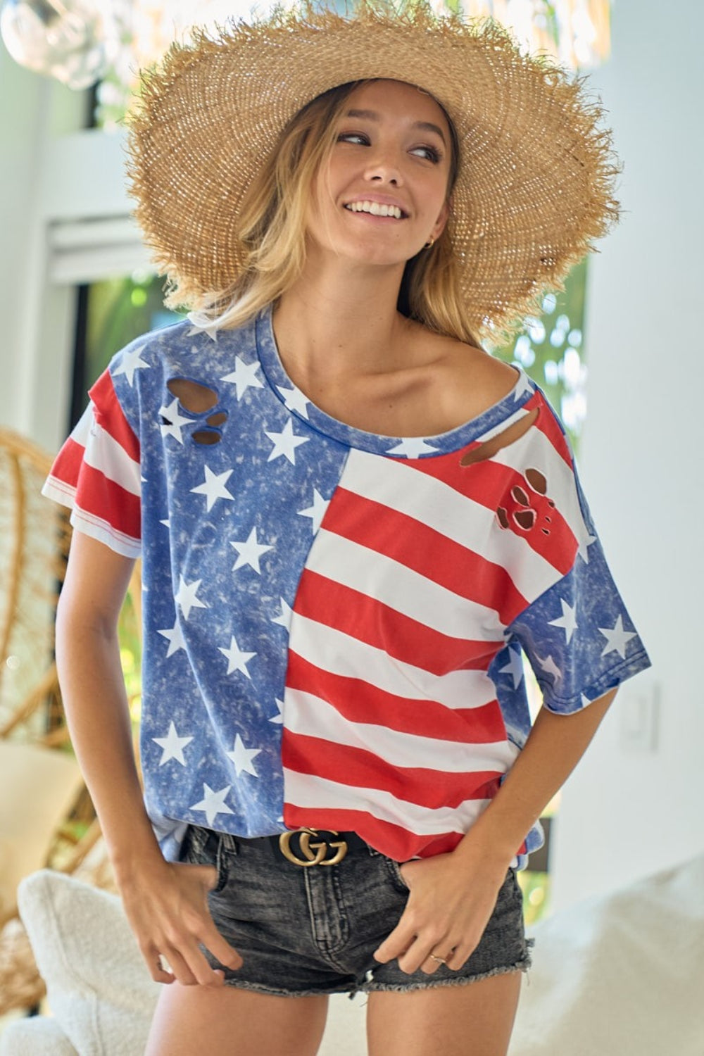 BiBi American Flag Theme Short Sleeve T-Shirt - In Style Chics Boutique LLC