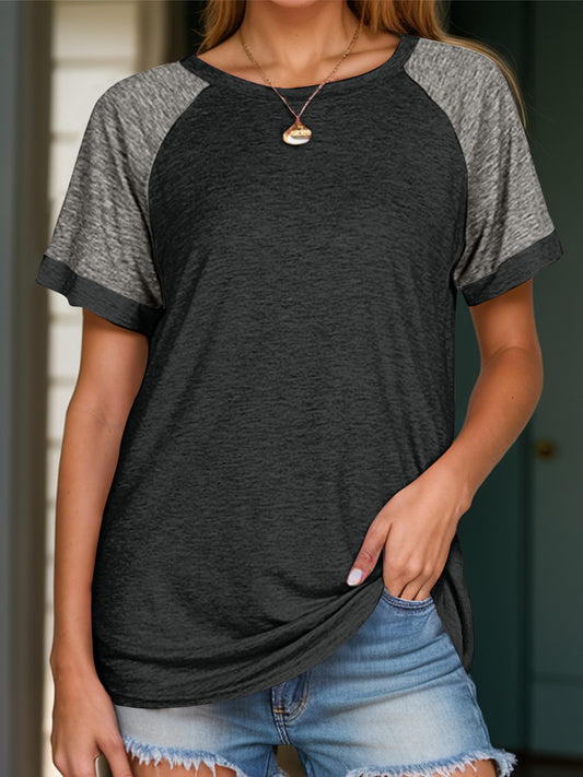 Full Size Contrast Round Neck Short Sleeve T-Shirt - In Style Chics Boutique LLC