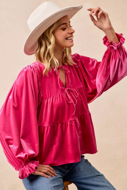 Shop Christmas Theme 💞 Velvet Bow Tied Blouse at In Style Chics Boutique 