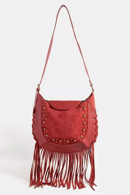 Rivet Trim Suede Fringe Shoulder Bag at In Style Chics Boutique 