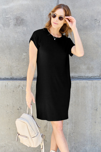 Basic Bae Bamboo Full Size Round Neck Short Sleeve Dress with Pockets - In Style Chics Boutique LLC