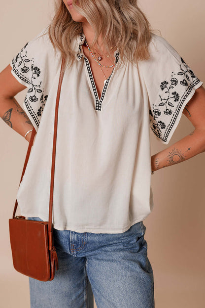 White Floral Embroidered Short Sleeve V Neck Blouse - Cute Clothes Online - In Style Chics Boutique Women's Juniors Apparel 