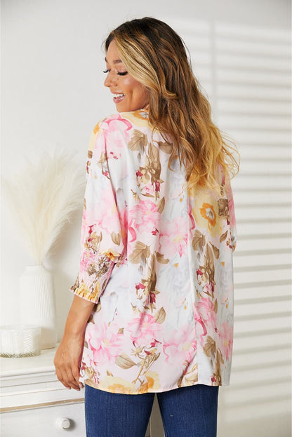 Double Take Floral Round Neck Three-Quarter Sleeve Top - In Style Chics Boutique LLC