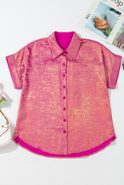 Rose Red Metallic Sheen Short Sleeve Buttoned Front Shirt - Cute Clothes In Style Chics Boutique Online Clothing Women's Juniors Free Shipping 