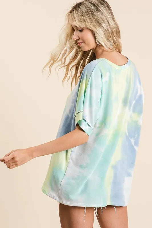 Tie Dye French Terry Top With Buttoned Placket - In Style Chics Boutique 