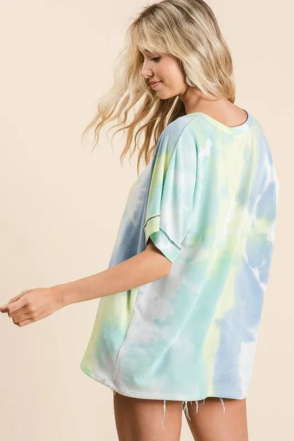 Tie Dye French Terry Top With Buttoned Placket - In Style Chics Boutique 