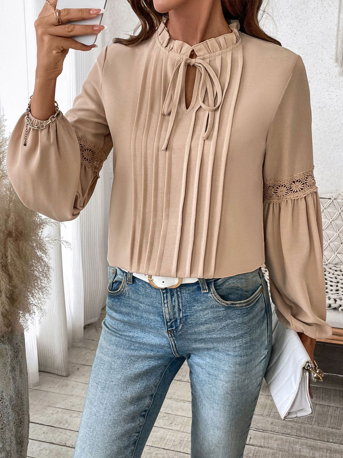 Perfee Frill Tie Neck Long Sleeve Blouse - In Style Chics Boutique LLC