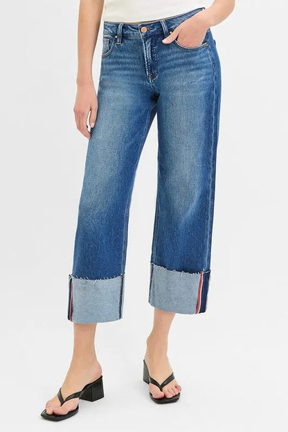 RISEN Cropped Jeans,Wide Leg Cuffed Tummy Control Mid Rise  - In Style Chics Boutique Women's Juniors Plus Size Clothes 