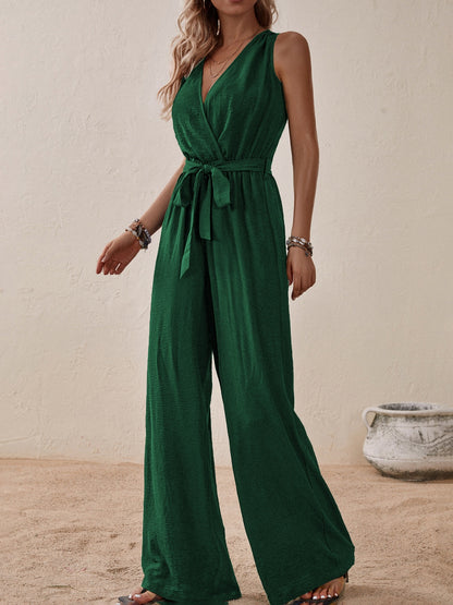 Tied Surplice Sleeveless Wide Leg Jumpsuit - In Style Chics Boutique LLC