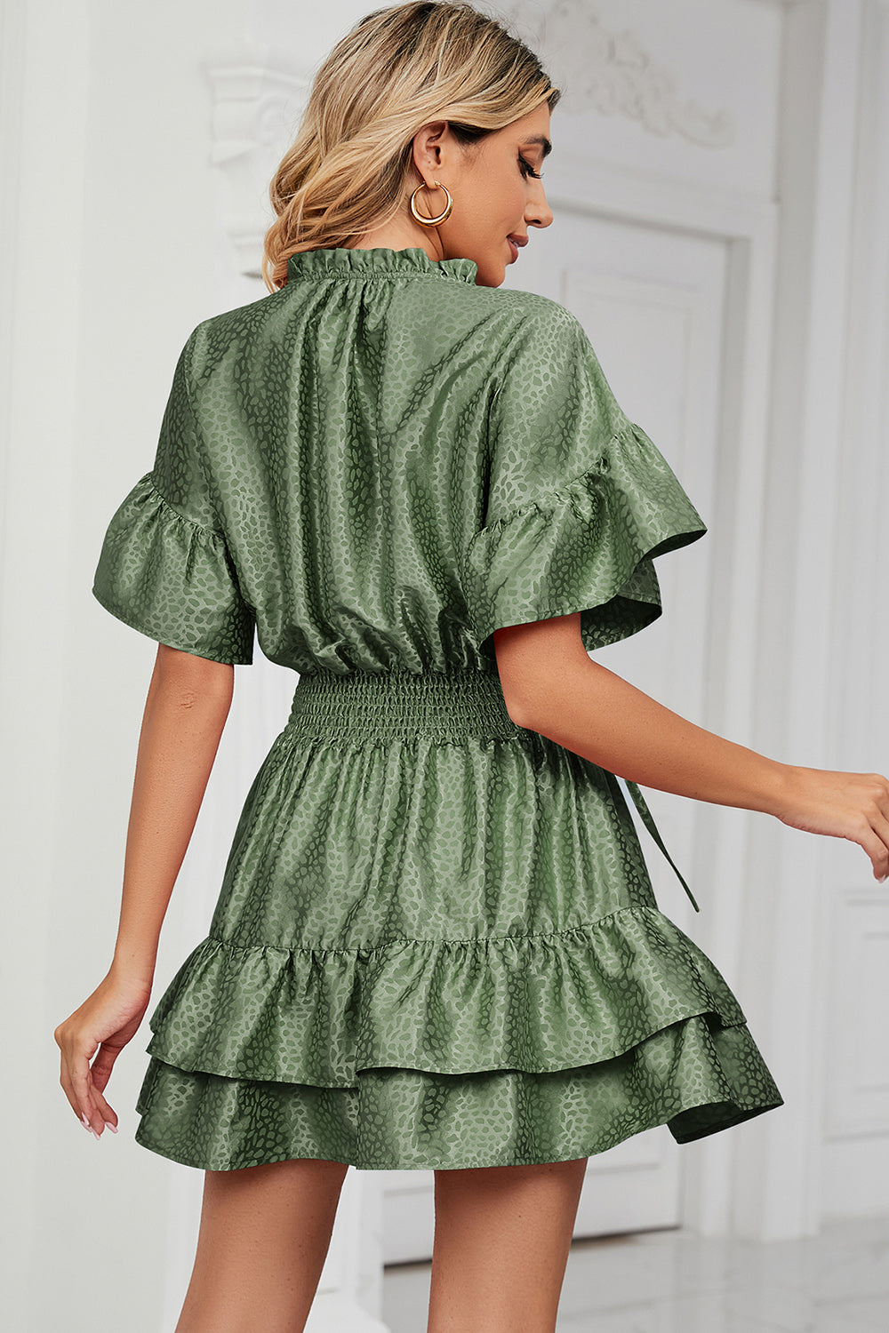 Smocked Tie Neck Flounce Sleeve Dress - In Style Chics Boutique LLC